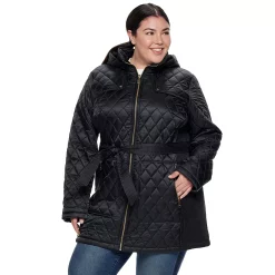 Plus Size Nine West Hooded Diamond-Quilted Belted Jacket