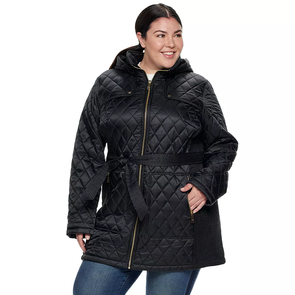 Plus Size Nine West Hooded Diamond-Quilted Belted Jacket 3 Plus Size Nine West Hooded Diamond-Quilted Belted Jacket