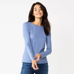 Women's Nine West Essential Soft-Spun Long Sleeve Crewneck Tee -Nine West shop 4994081 Harper Blue Rib