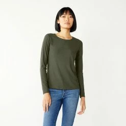 Women's Nine West Essential Soft-Spun Long Sleeve Crewneck Tee -Nine West shop 4994081 Infantry Olive Rib