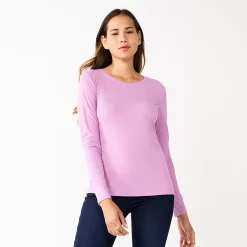 Women's Nine West Essential Soft-Spun Long Sleeve Crewneck Tee -Nine West shop 4994081 Lupine Lilac Rib