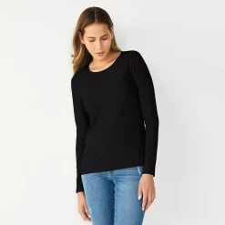 Women's Nine West Essential Soft-Spun Long Sleeve Crewneck Tee -Nine West shop 4994081 Mineral Black Rib