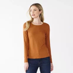 Women's Nine West Essential Soft-Spun Long Sleeve Crewneck Tee -Nine West shop 4994081 Nutmeg Coffee