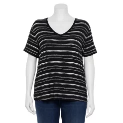 Plus Size Nine West Essential Soft Spun Short Sleeve V-Neck Top -Nine West shop 5233799 Black White Stripes