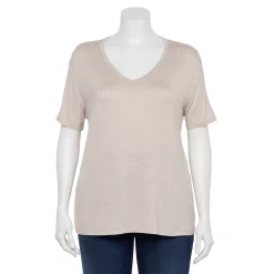 Plus Size Nine West Essential Soft Spun Short Sleeve V-Neck Top -Nine West shop 5233799 Dusty Salt Heather