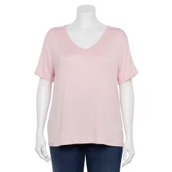 Plus Size Nine West Essential Soft Spun Short Sleeve V-Neck Top -Nine West shop 5233799 Pnk Hoodie