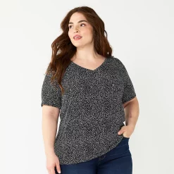 Plus Size Nine West Essential Soft Spun Short Sleeve V-Neck Top -Nine West shop 5233799 Scribble Black Dot