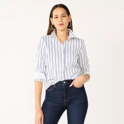 Women's Nine West Long Sleeve Structured Button-Down Shirt -Nine West shop 5284618 Blue White Stripe