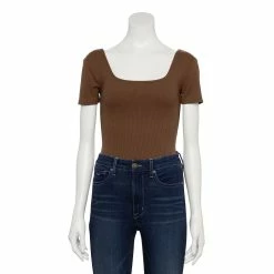 Women's Nine West Rib Short Sleeve Squareneck Bodysuit -Nine West shop 5290693 Abe Brown