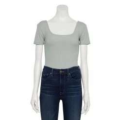 Women's Nine West Rib Short Sleeve Squareneck Bodysuit -Nine West shop 5290693 Gray Fox Heather