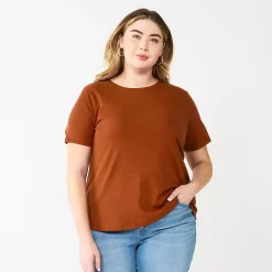 Plus Size Nine West Essential Crewneck Tee -Nine West shop 5525951 Brown Brick Rib