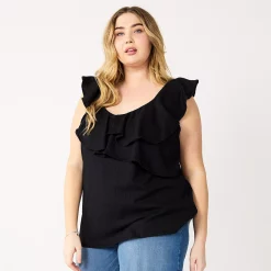 Plus Size Nine West Sleeveless Ruffle Detail Top -Nine West shop 5570041 Black