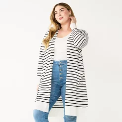 Plus Size Nine West Long Open-Front Cardigan -Nine West shop 5571922 Black Stripe