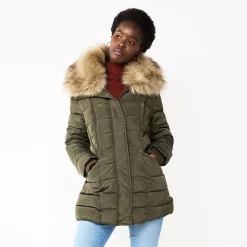 Women's Nine West Faux-Fur Collar Short Puffer Jacket