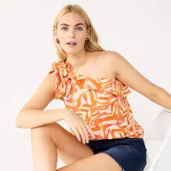 Women's Nine West One-Shoulder Ruffle Neck Top -Nine West shop 5580827 Brown Abstract