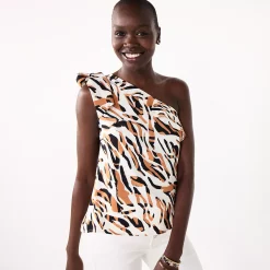 Women's Nine West One-Shoulder Ruffle Neck Top -Nine West shop 5580827 White Brown Zebra