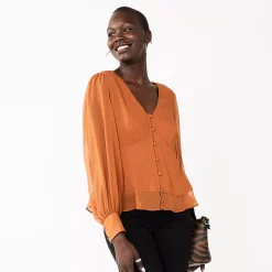 Women's Nine West Long Sleeve V-Neck Button Front Blouse -Nine West shop 5692662 Baked Nutmeg