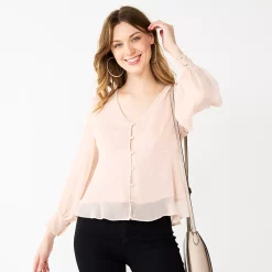 Petite Nine West Long Sleeve Button-Front V-Neck Blouse -Nine West shop 5693284 Faint Whisper