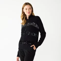 Women's Nine West Quarter Zip Sequin Stripe Pullover Sweater -Nine West shop 5713489 Black