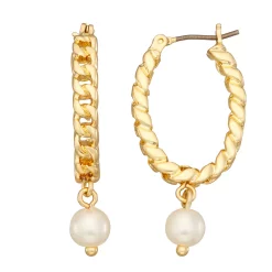 Nine West Gold Tone Simulated Pearl Link Chain Hoop Earrings