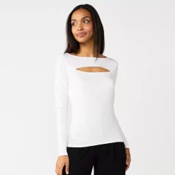 Women's Nine West Fitted Long Sleeve Cutout Top -Nine West shop 5817132 Ivory Tusk