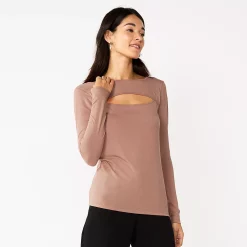 Women's Nine West Fitted Long Sleeve Cutout Top -Nine West shop 5817132 Mocha Frosting
