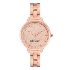 Nine West Women's Rose Gold Tone Bracelet Watch with Etched Flower Dial