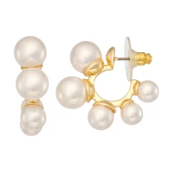 Nine West Gold Tone Triple Drop Simulated Pearl Hoop Earrings