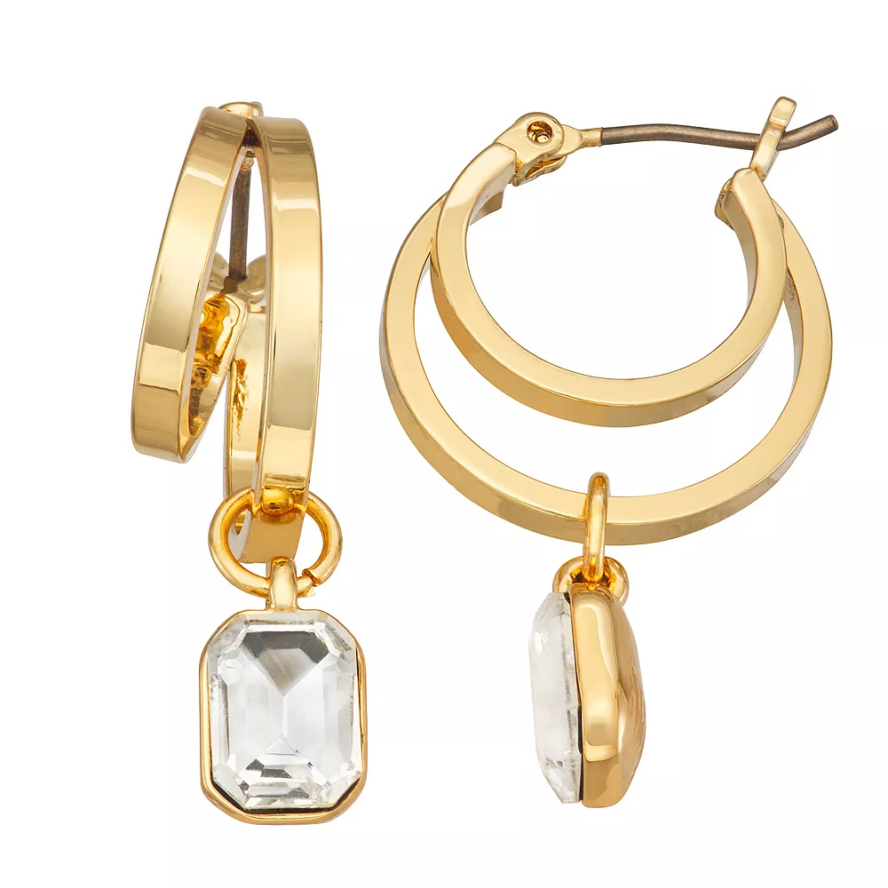 Nine West Gold Tone Crystal Double-Layer Drop Hoop Earrings 3 Nine West Gold Tone Crystal Double-Layer Drop Hoop Earrings