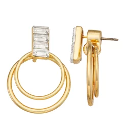 Nine West Gold Tone Crystal Open Circle Front-to-Back Drop Earrings
